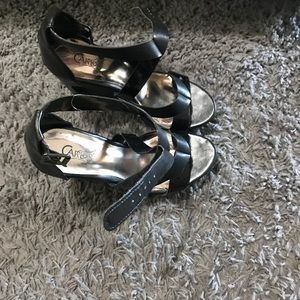 Black leather wedge heel sandals